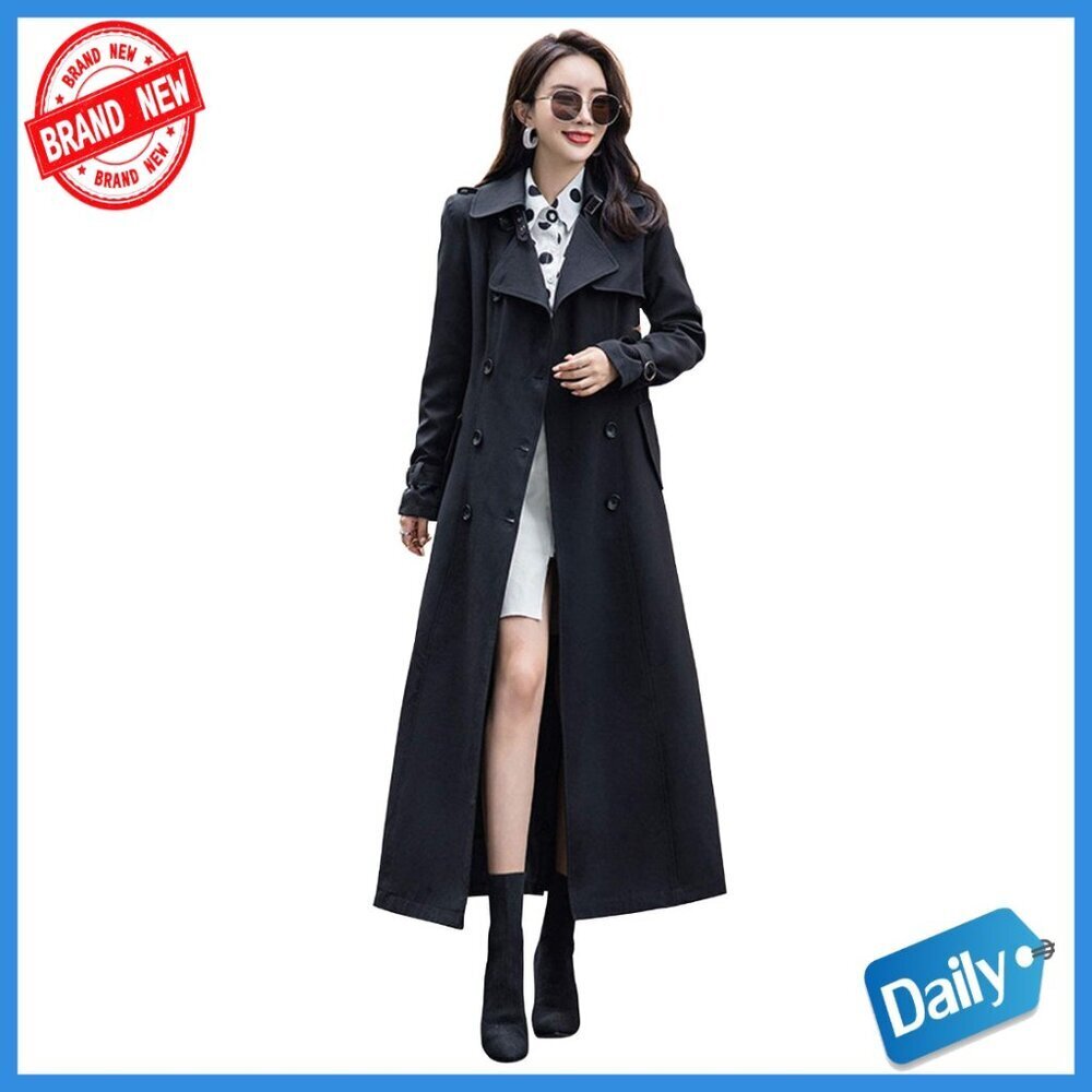 Double Breasted Trench Coat Long Maxi Overcoat Slim Fit Polyester